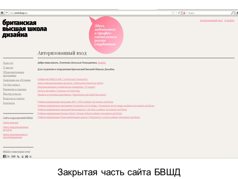 Закрытая часть сайта БВШД